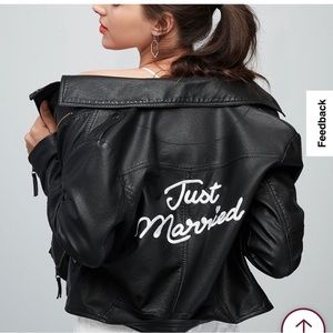 Davids bridal just married embroidered vegan leather moto jacket